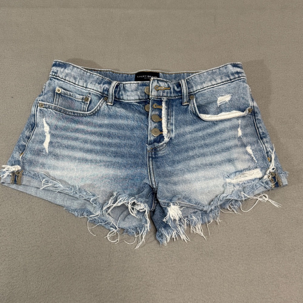 Lucky Brand Boy Mid Rise Shorts Womens 6 28 Distressed Denim Button Fly Cutoff